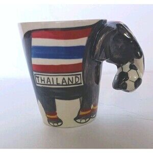 Original Thailand Painted 3-D Elephant Coffee Mug With Soccer Ball Handle Rare